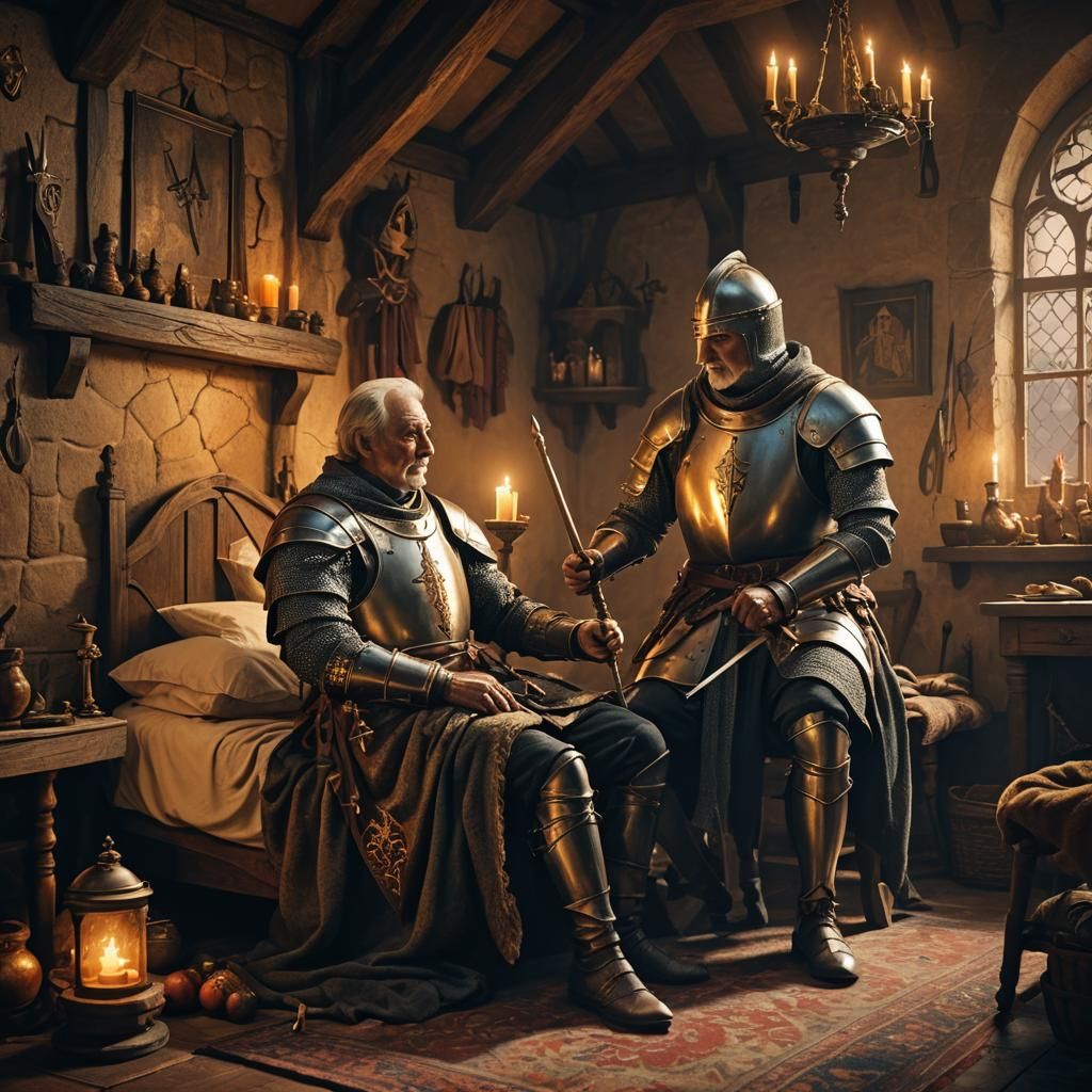 Wounded Knight Receives Aid in Cozy Medieval Inn