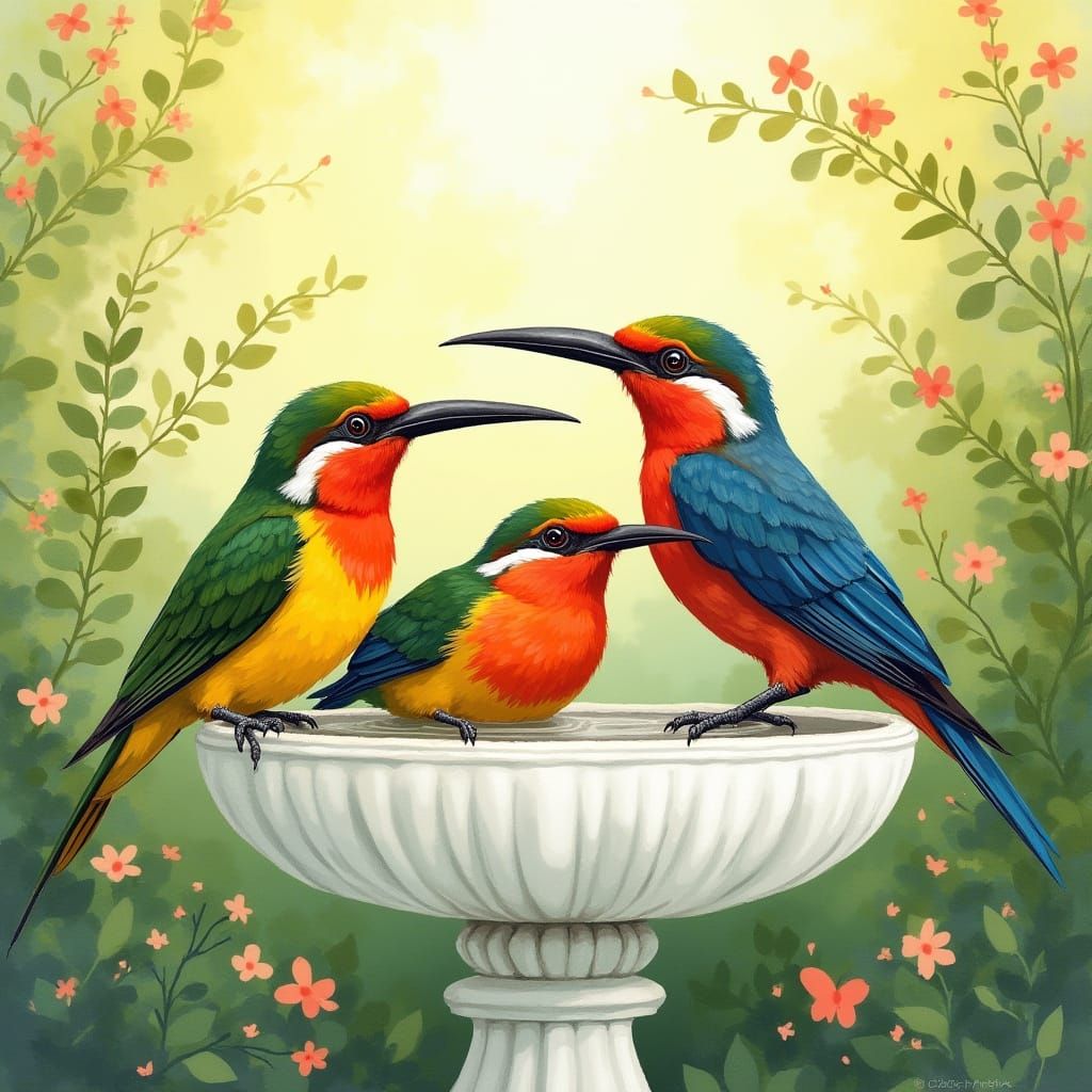 Colorful Birds Bathing in Sunlight, Illustrated Style