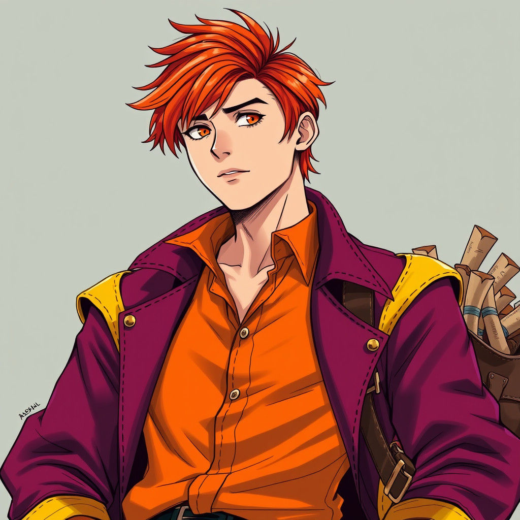 Fiery Haired Man with Scrolls in Manga Style
