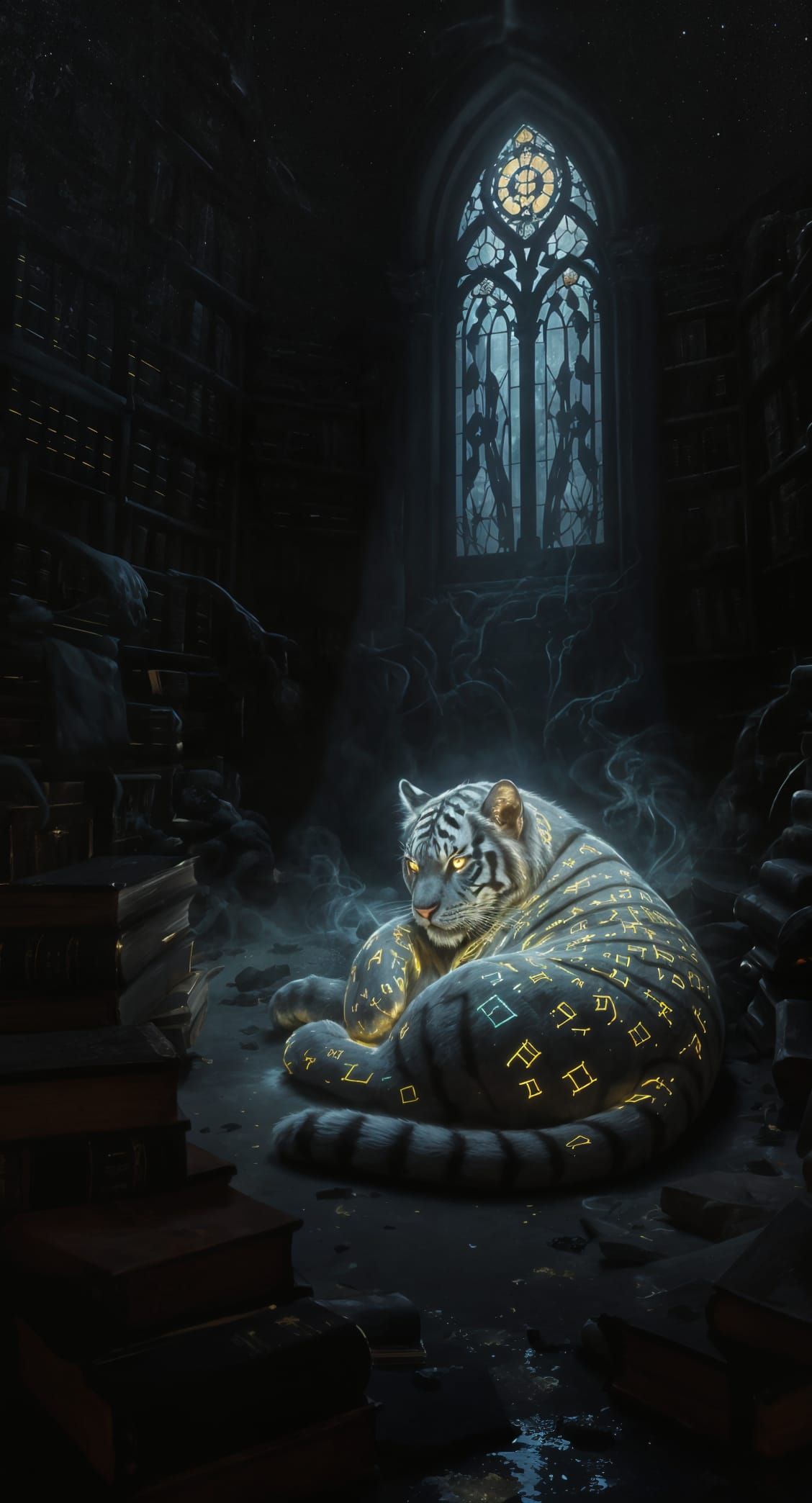 Mystical Tiger Cub in Overgrown Library, Dark Fantasy Art