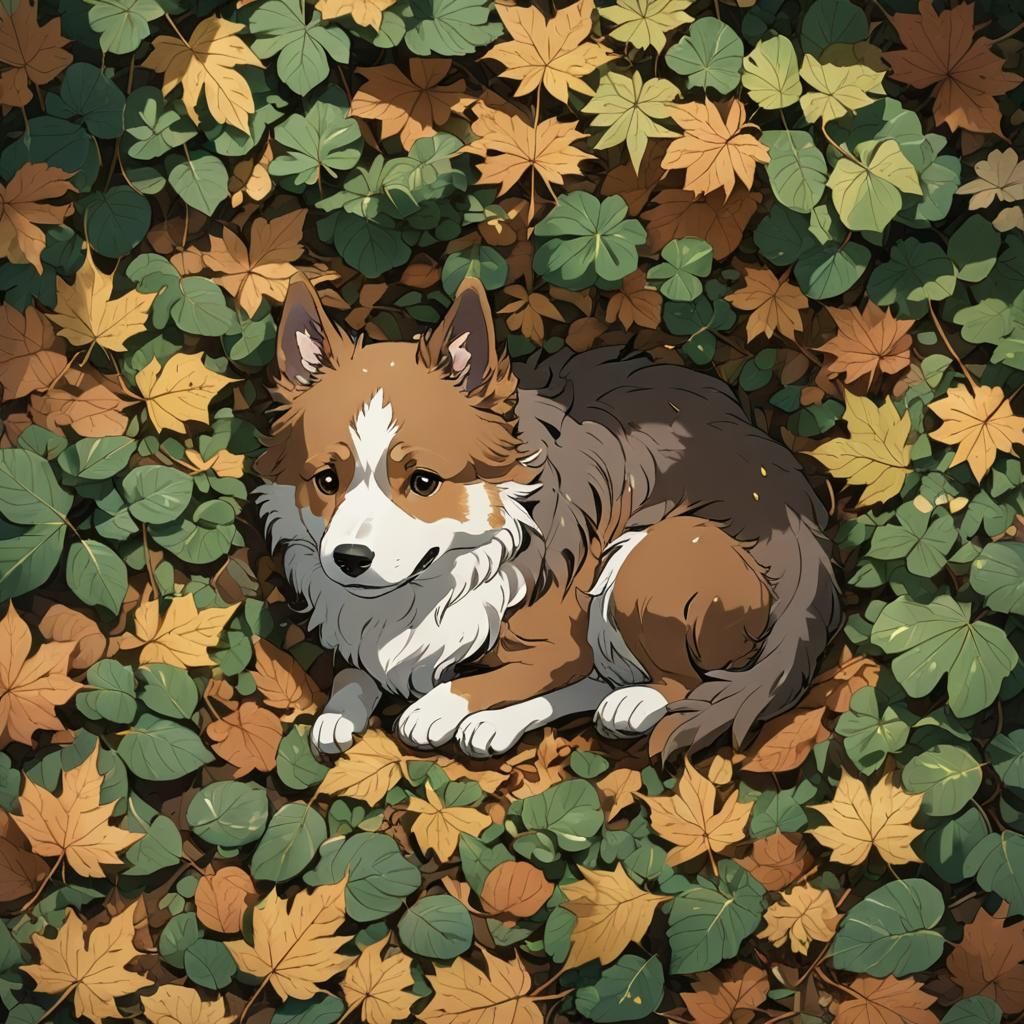 Dog in Leaves: Anime Style Ghibli Key Visual