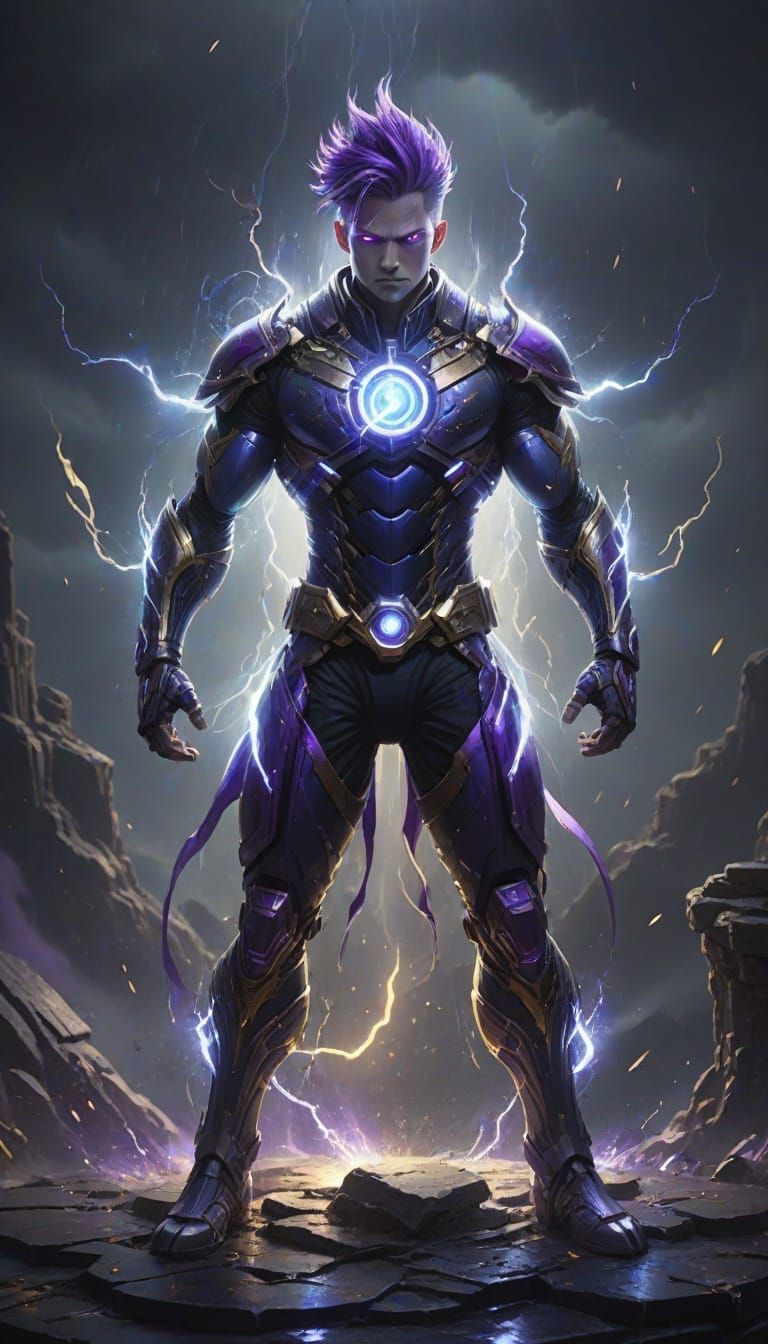 Angry Purple-Haired Creature with Golden Wings and Lightning