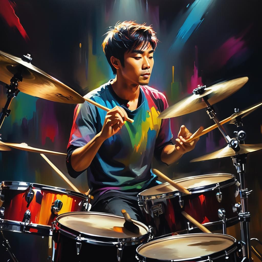 Energetic Drummer in Dimly Lit Studio