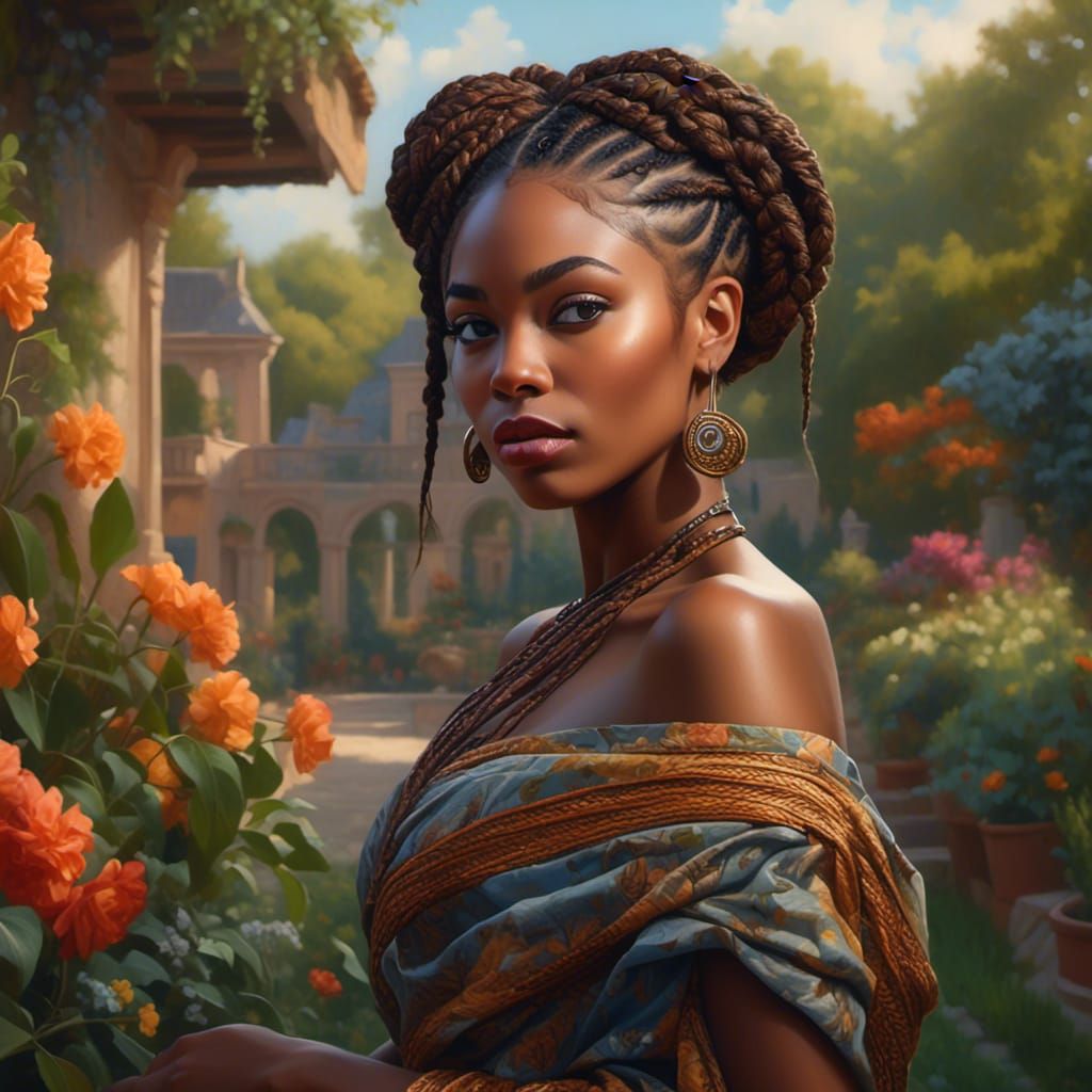 Intricate Portrait of African Woman in Garden Setting