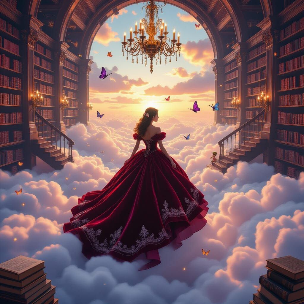 Floating Woman in a Magical Cloud Library