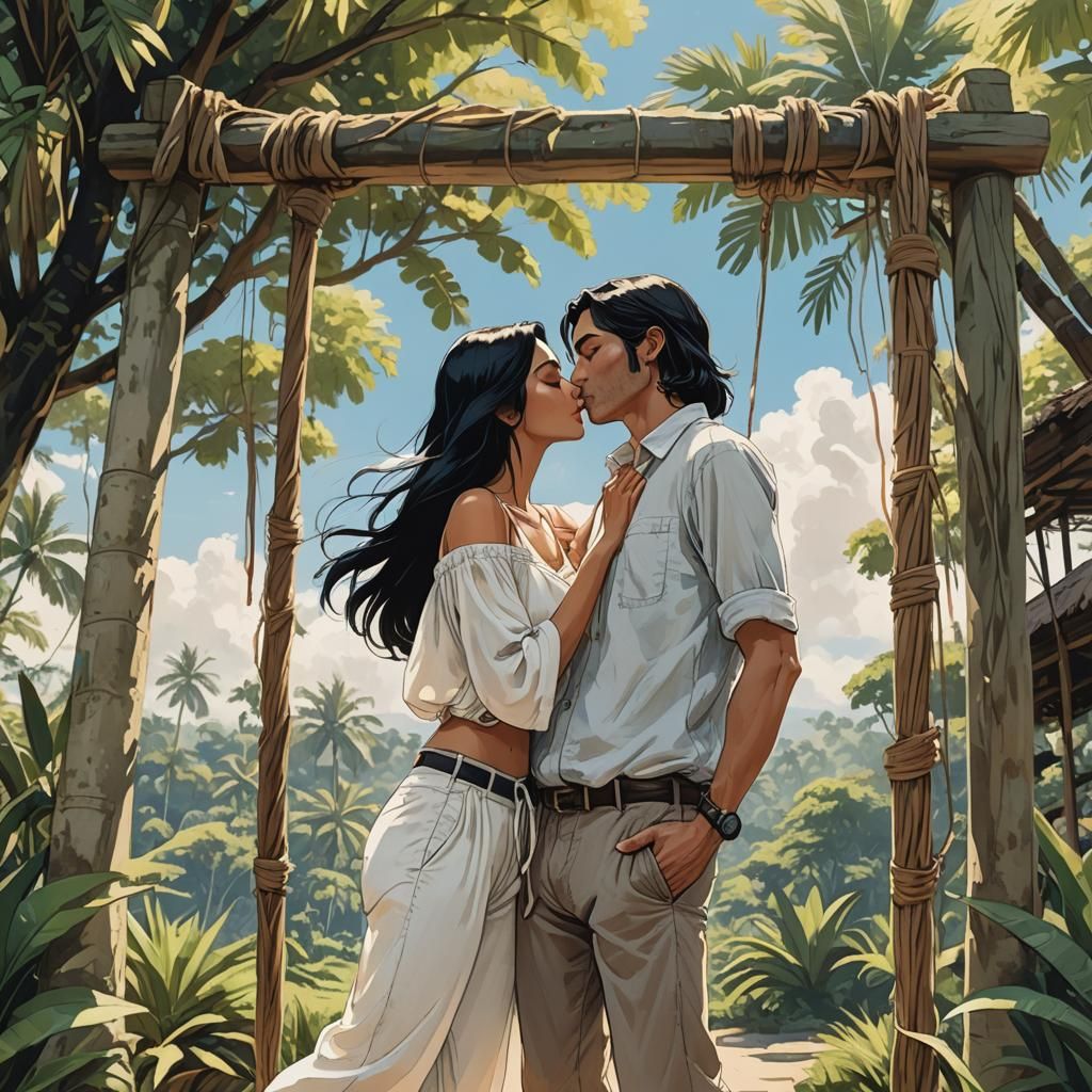 Couple Kissing on Bali Swing in Animated Style