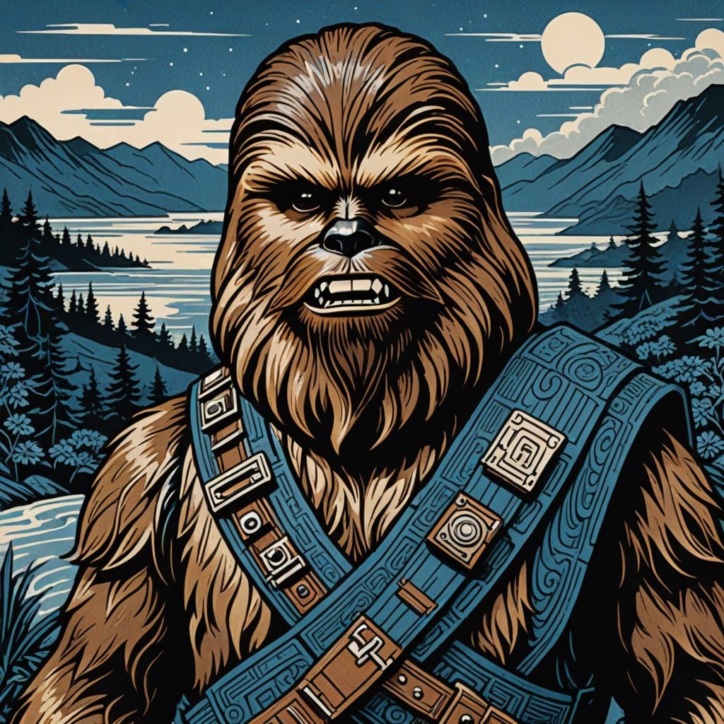 Woodcut Chewbacca in Ukiyo-e Style