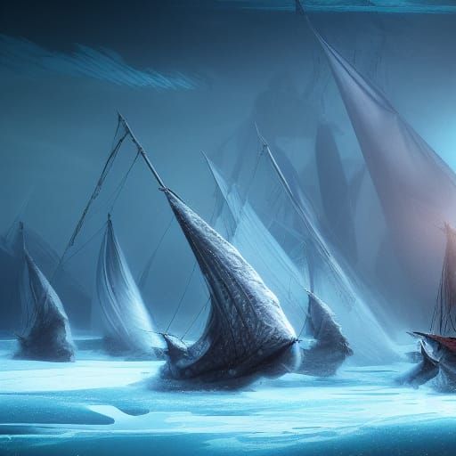 Boats Sailing on Ice Sea Monster: Detailed Matte Painting