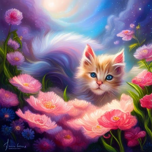 Kitten Playing in Flowers: Holographic Astral Illustration