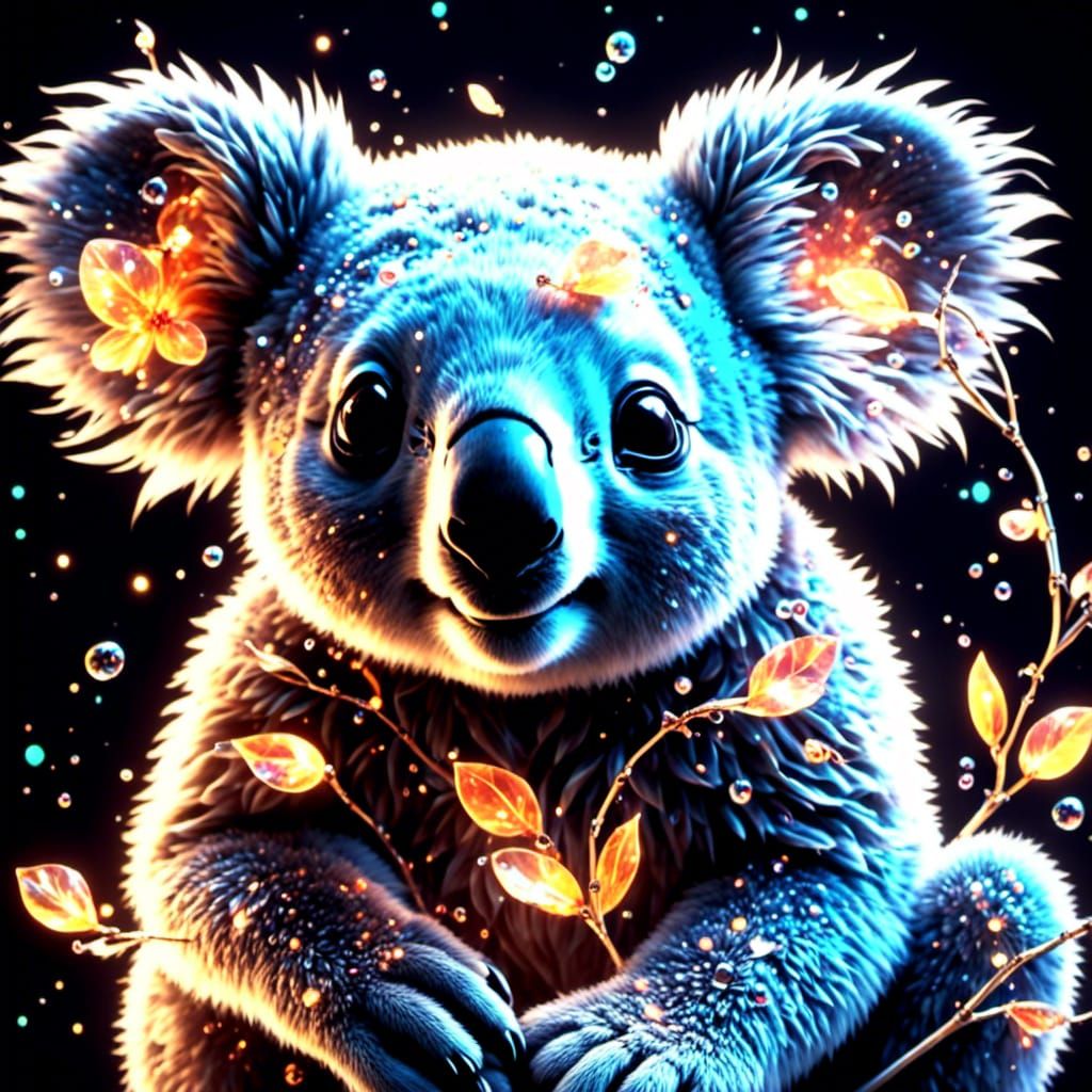 Bioluminescent Koala with Crystal Ribbons