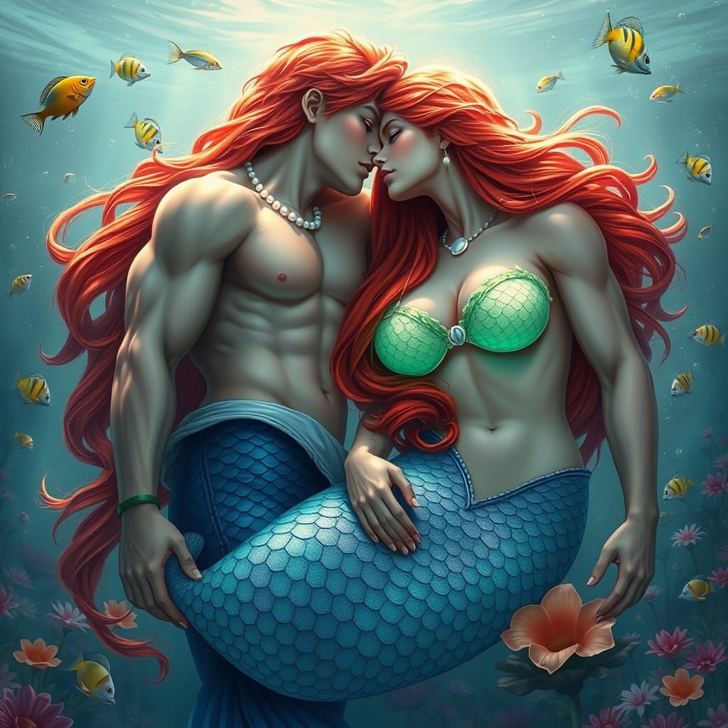 Redhead Mermaid's Underwater Kiss in Ethereal Fantasy