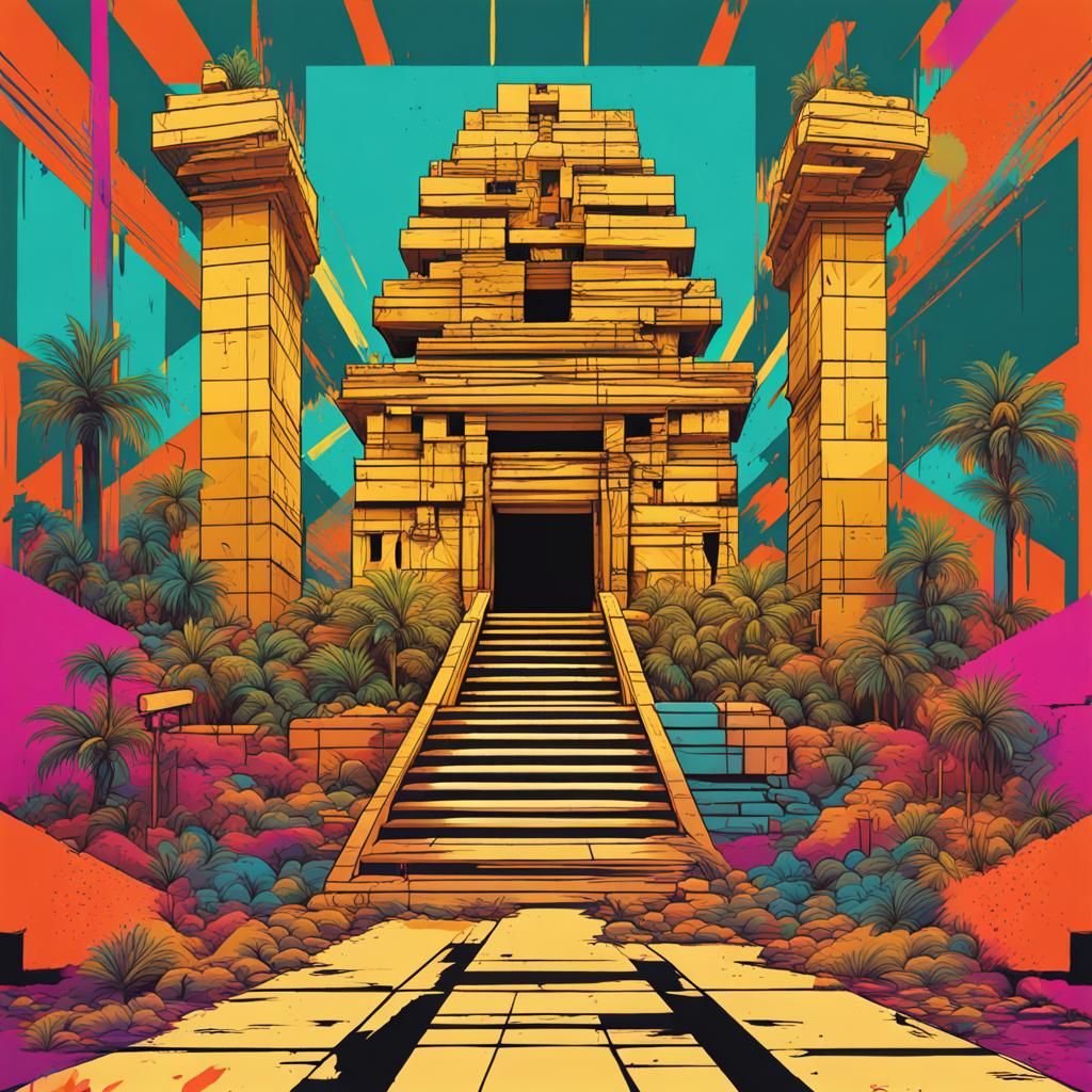Jungle Temple Explosion Aftermath in Pop Art Style