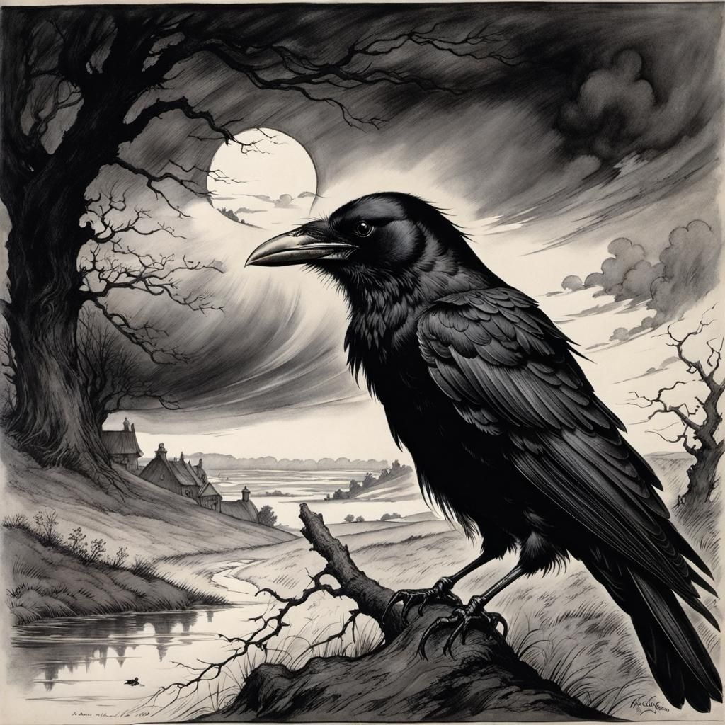 Arthur Rackham Style Crow in Storm Pencil Drawing