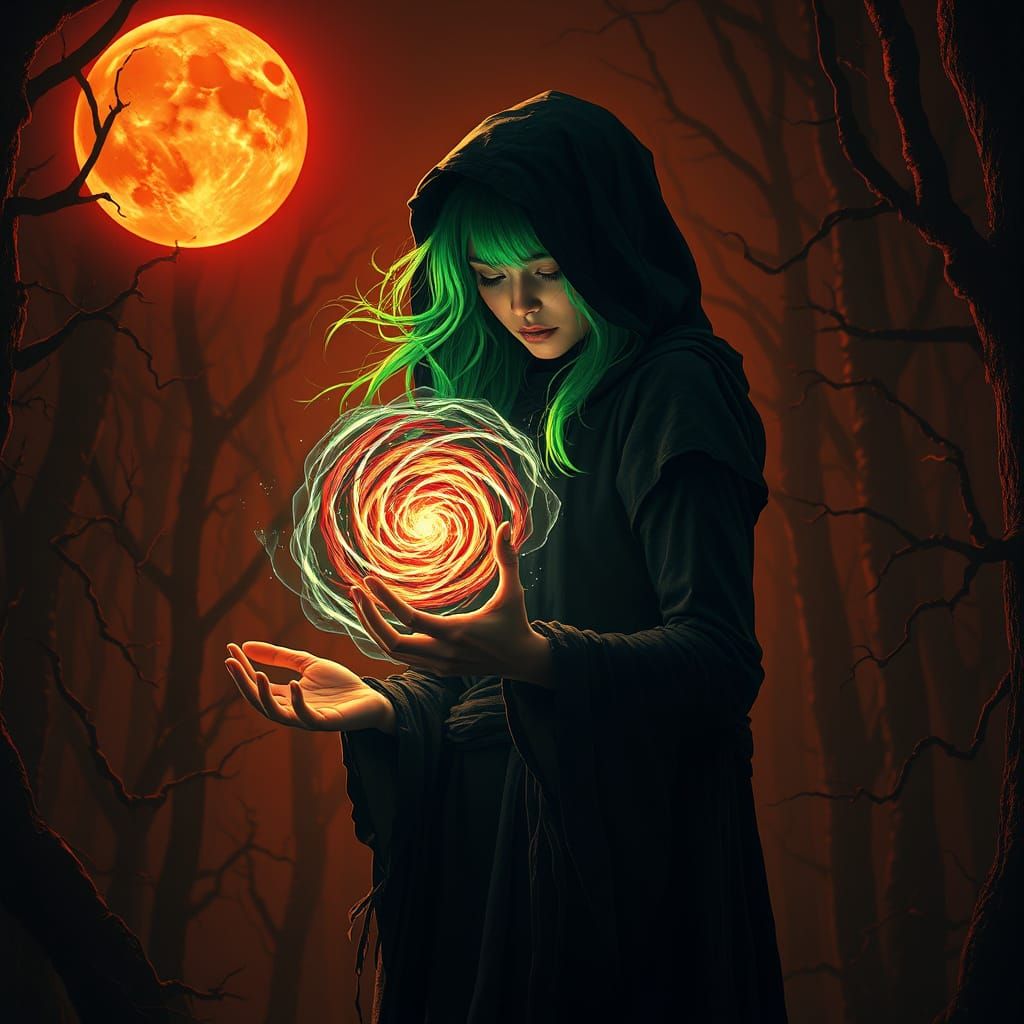 Mystical Maiden Radiates Enchanted Energy in Neon Green Hues