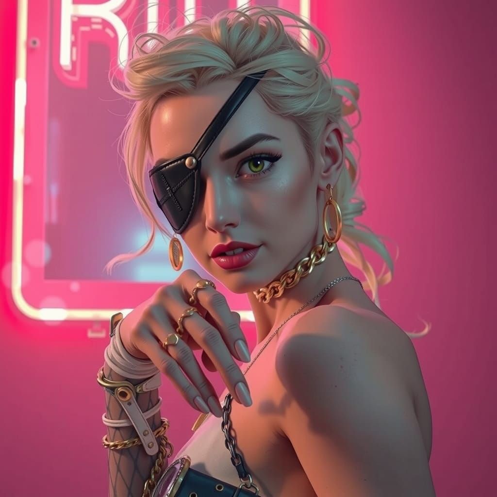 Albino Woman in Eyepatch Points, Neon Cyberpunk Style