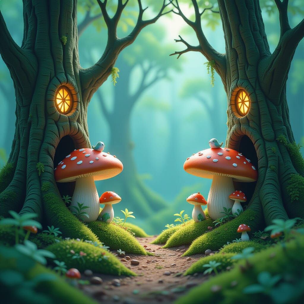 Whimsical Forest Clearing with Glowing Runes and Tiny Creatu...