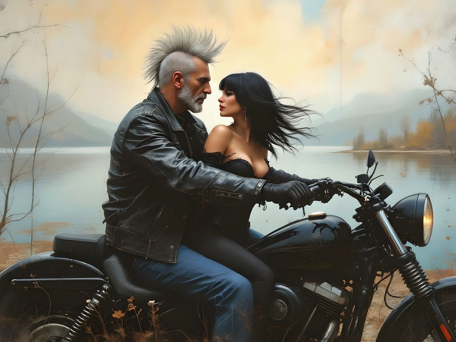 Surrealistic Harley Couple Embarks on Serene Lake Ride