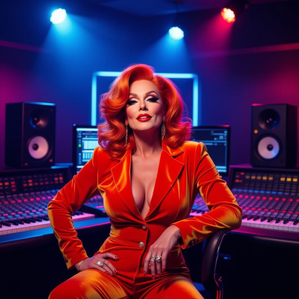 Glamorous Trans Woman in Neon Recording Studio