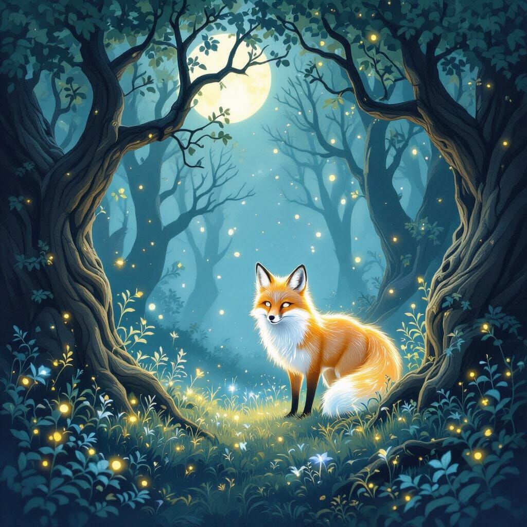 Bioluminescent Fox in Enchanted Forest Clearing