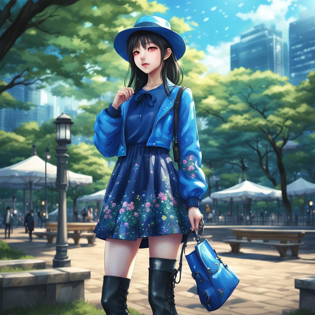 Korean Woman in City Park, Digital Art