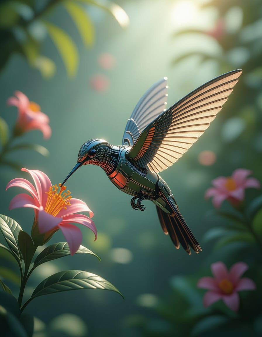 Mechanical Hummingbird in Futuristic Garden