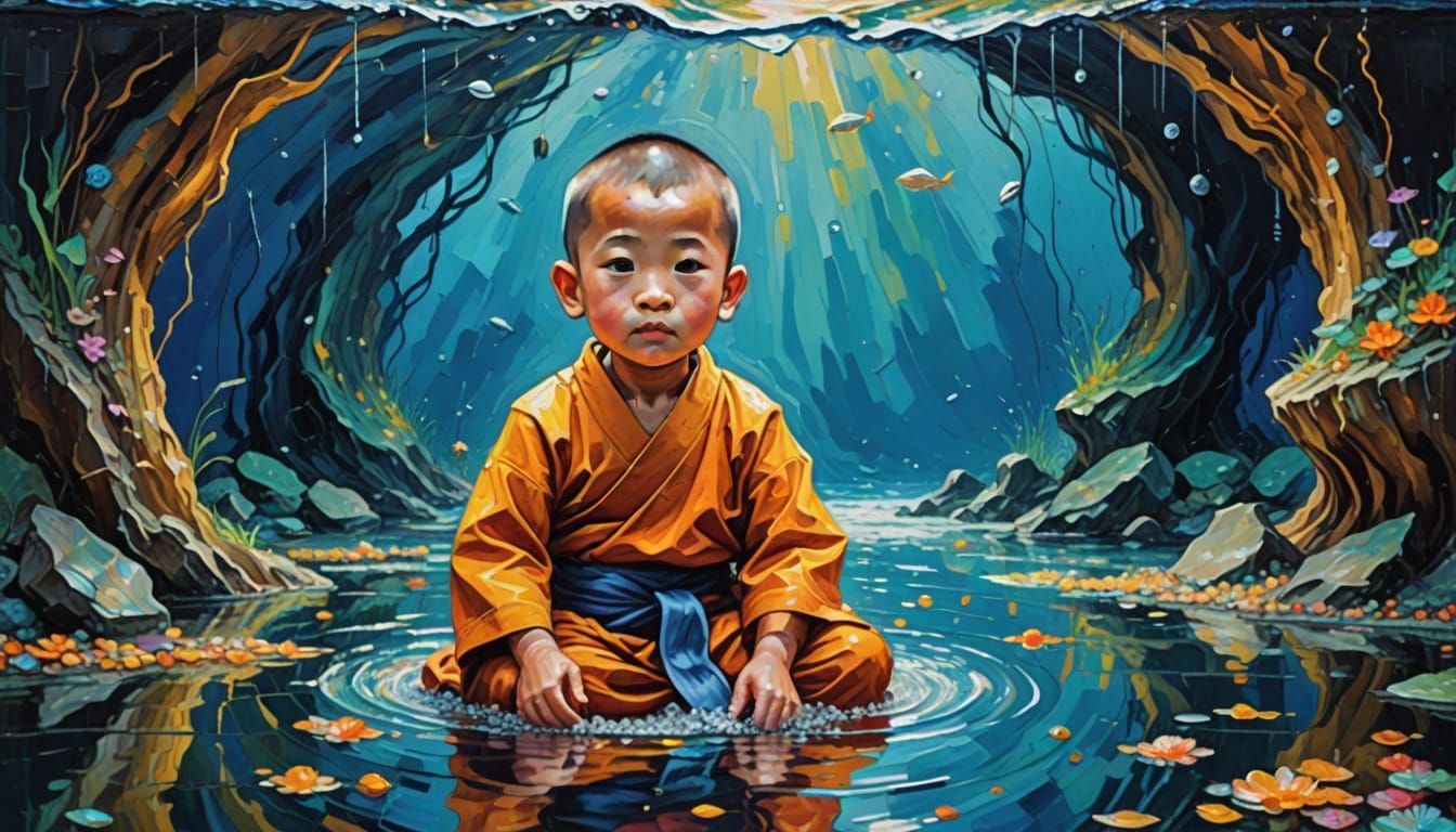 Little Monk's Underwater Life: A Neo-Impressionist Painting