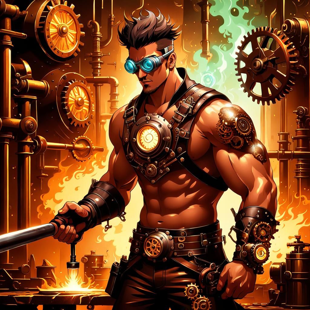 Steampunk Blacksmith Forging Gear in Retro-Futuristic Worksh...