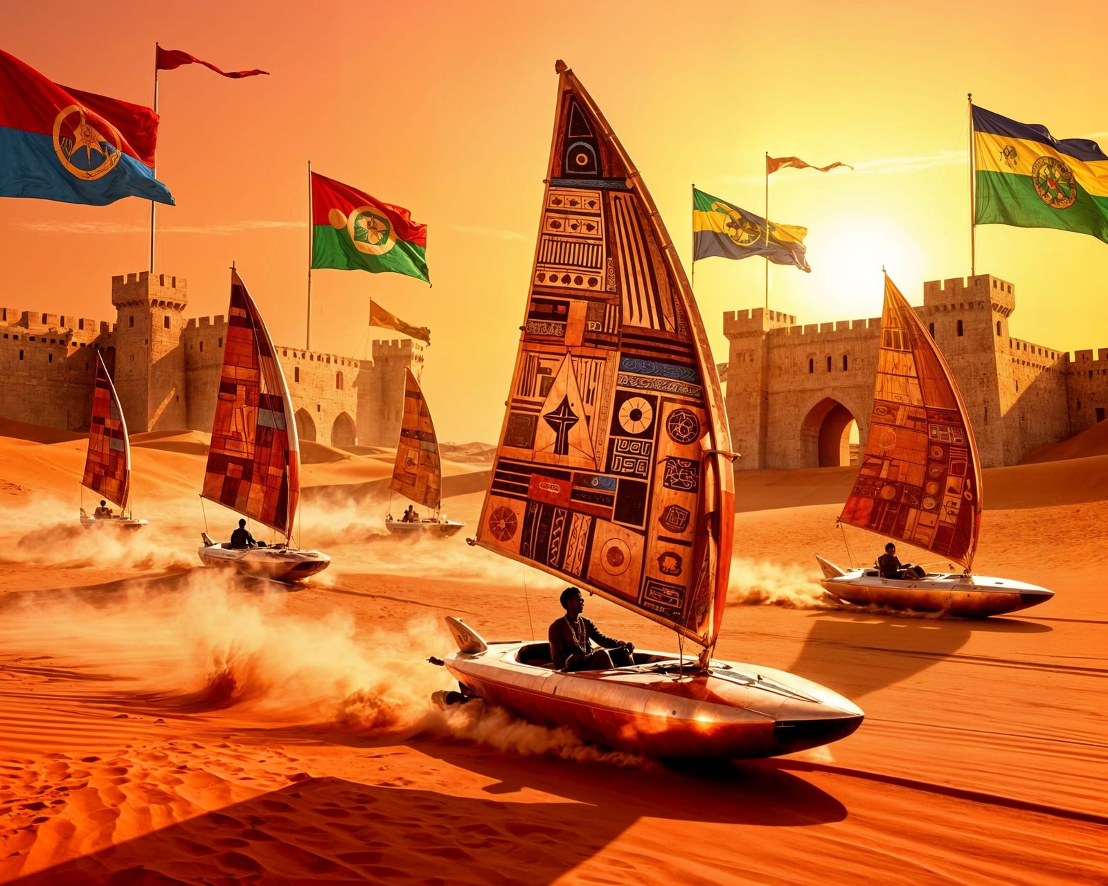 Futuristic Sahara Sand-Sailers with Geometric Sails