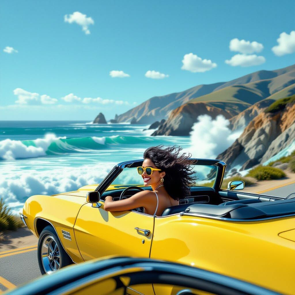 Woman Drives Vintage Car by Ocean Cliffs