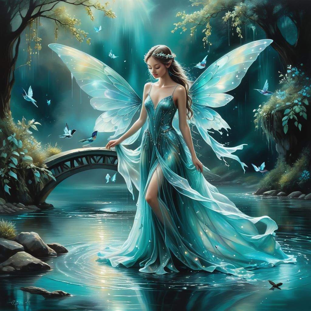 Enchanting Fairy with Turquoise Birds, Digital Art