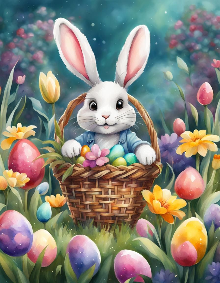 Whimsical Spring Flowers and Bunny in Watercolor