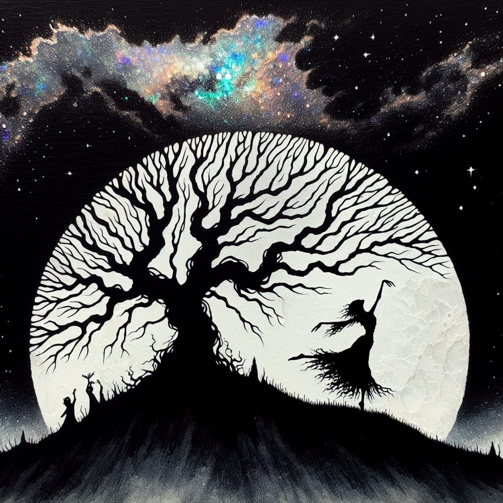 Eerie Tree Silhouette with Dancing Figure, Late-Romantic Sty...