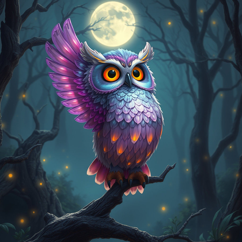 Iridescent Owl in Mystical Forest, Matte Painting