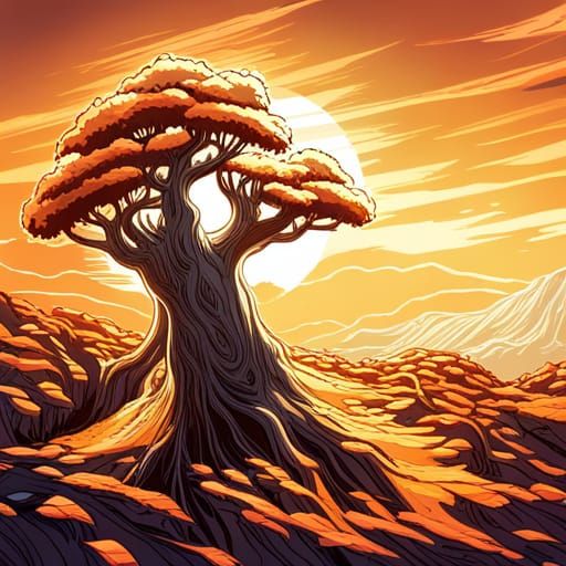 Fairycore Elder Tree at Sunset, Comic Book Art