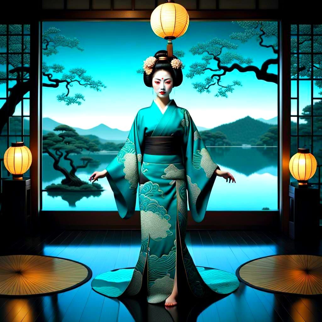 Bioluminescent Geisha in Tea Room with Lake
