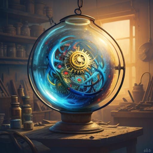 Whimsical Gouache Workshop Scene with Clockwork Gears