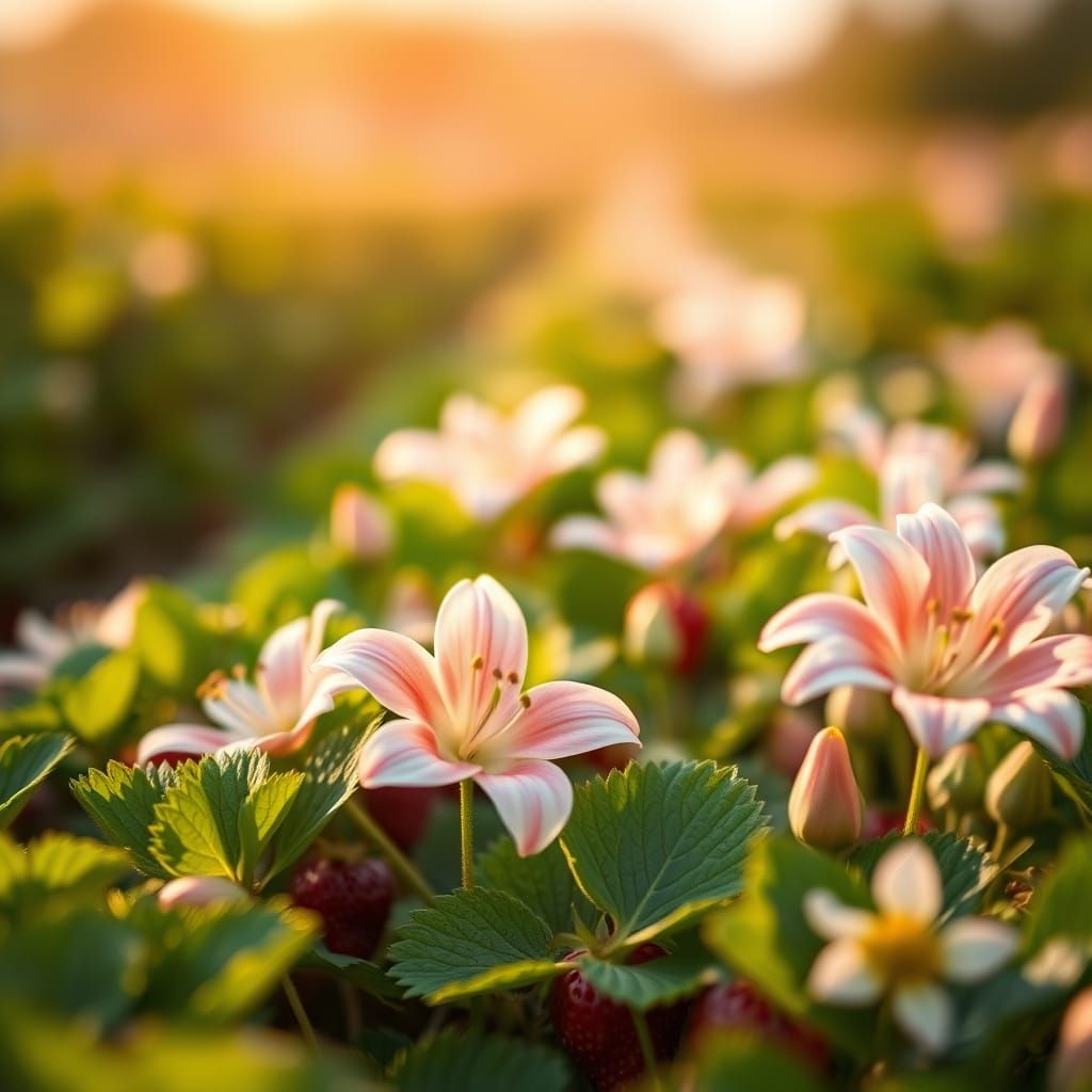 Lush Strawberry Field with Lilies, Natural Landscape Photogr...