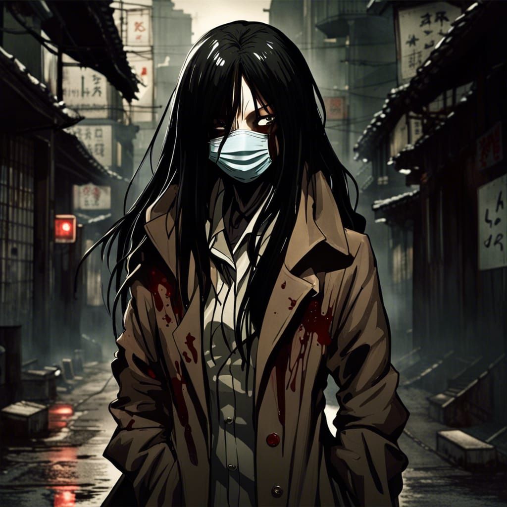 Creepy Kuchisake-Onna in Dark Japanese Alley