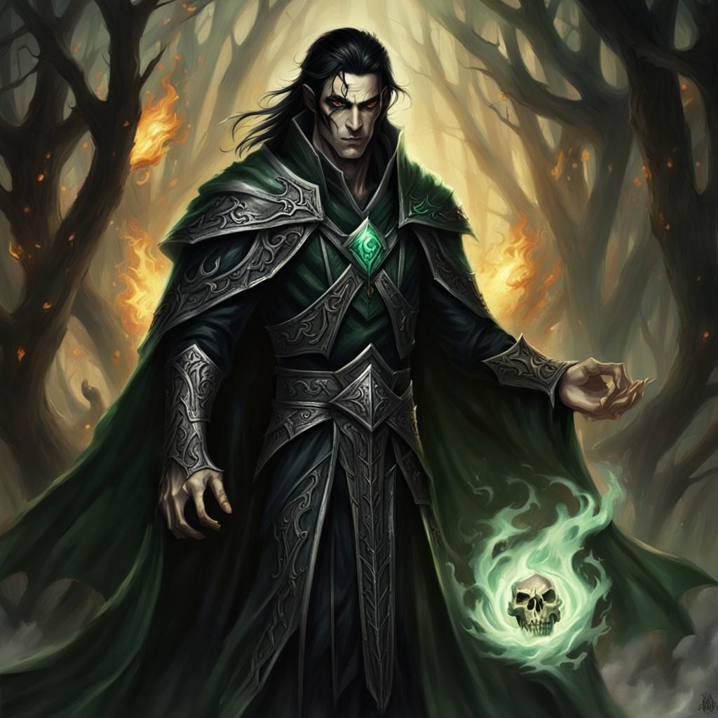 Dark Fantasy High Elf Necromancer with Green Flames