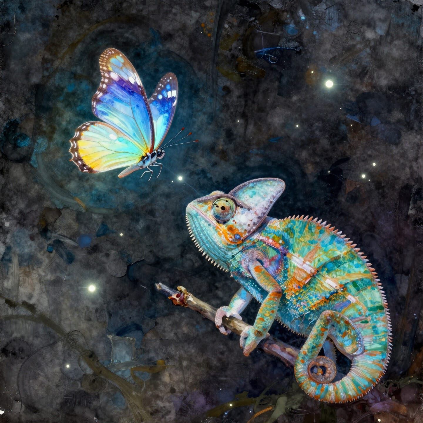 Luminous Butterfly and Chameleon in Ethereal Light