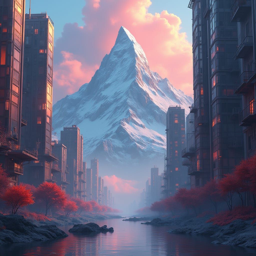 Surreal Mountain Between Futuristic Skyscrapers as Digital A...