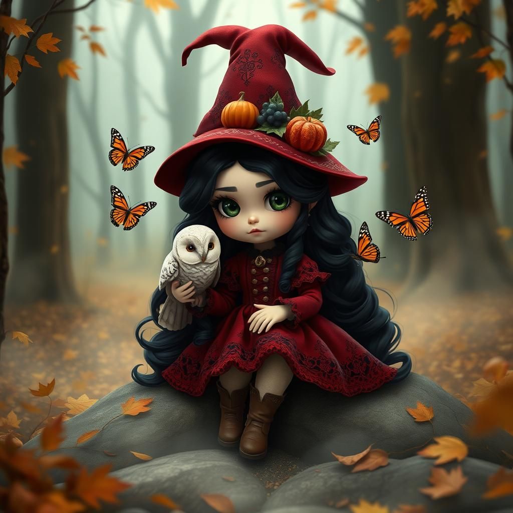 Chibi Witch in Autumn Forest, Syd Mead Style