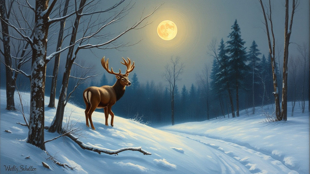 Deer in Moonlit Snow: Winter Oil Painting
