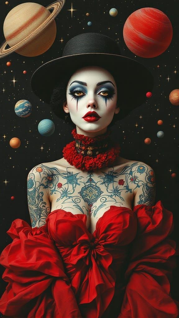 Surrealist Figure Gazing at Starlight with Whimsical Makeup...