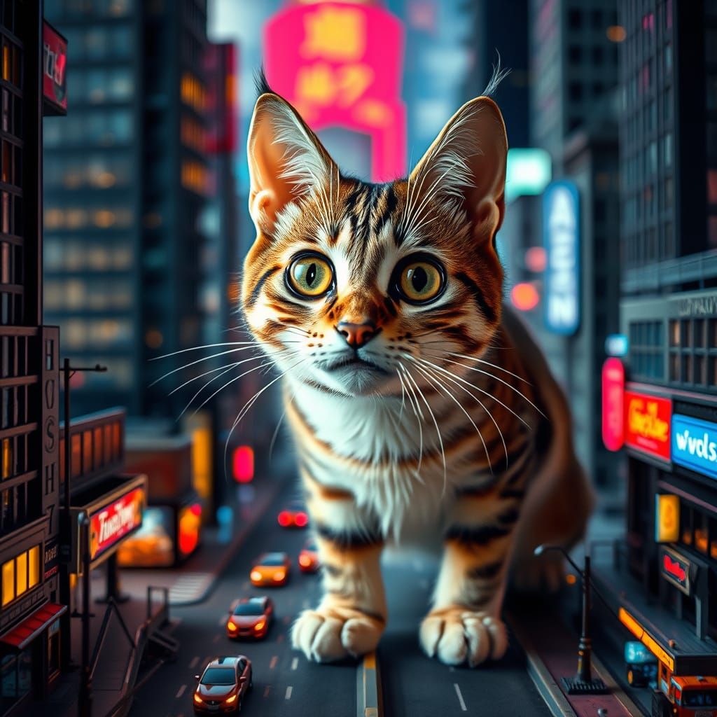Curious Cat in Miniature Hyperrealistic Cityscape