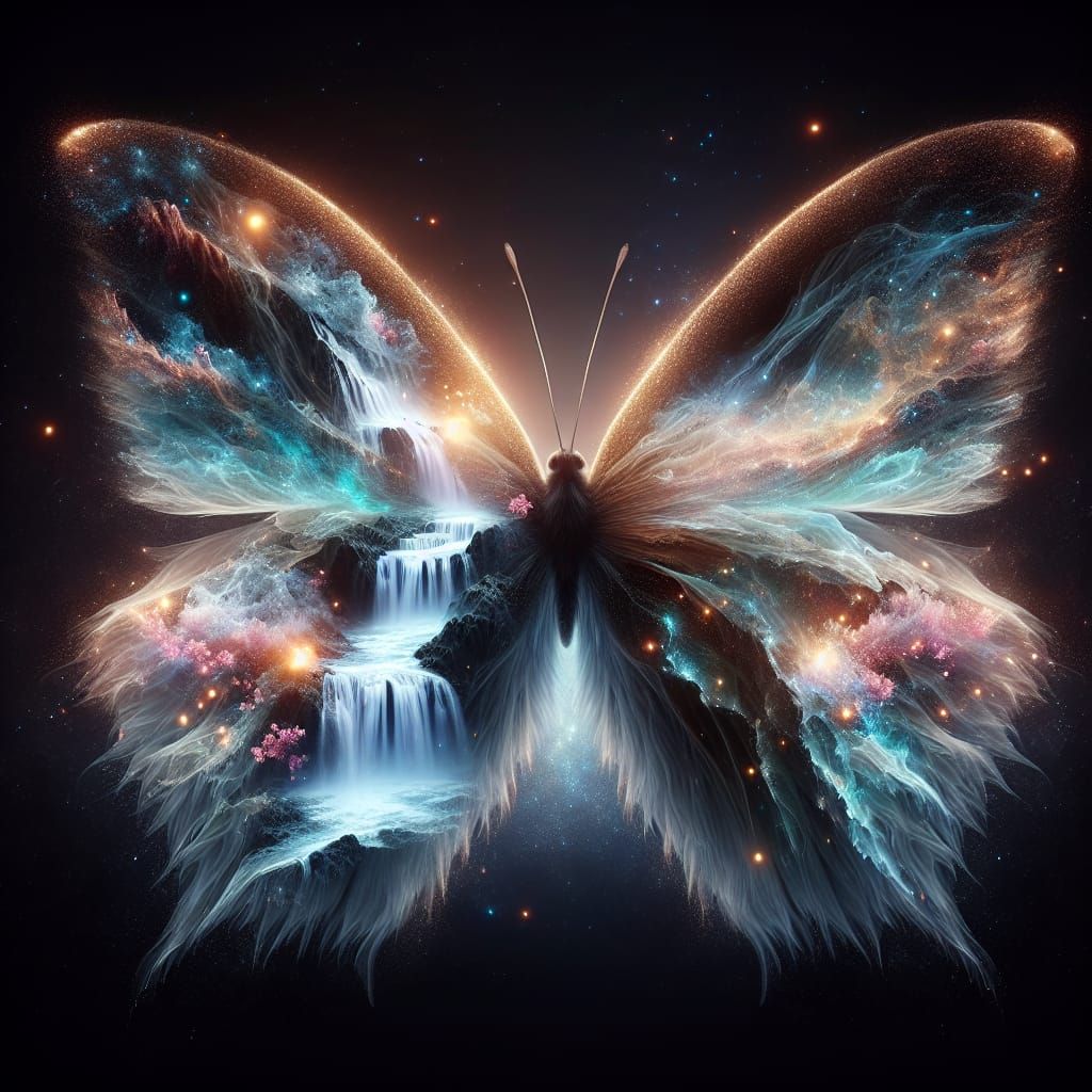 Ethereal Butterfly with Waterfall and Galaxy Wings