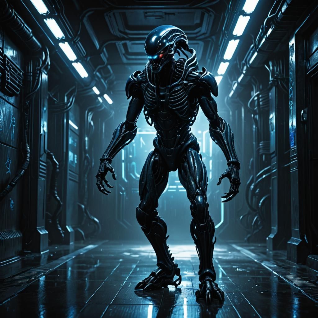 Futuristic Metallic Xenomorph in Industrial Sci-Fi Horror