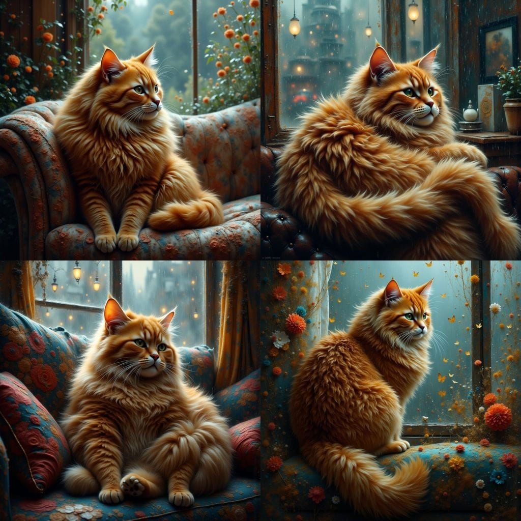 Fluffy Orange Cat on Sofa on Rainy Day
