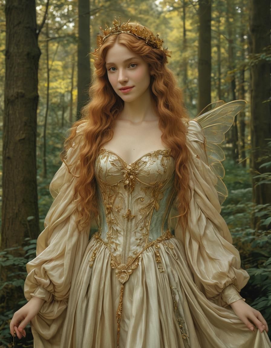 A beautiful and glamourous fairy queen in the forest, shy sm...