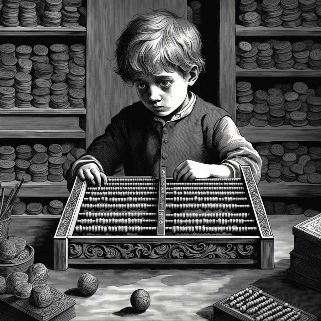 Boy with Abacus in Horror Gustave Doré Style